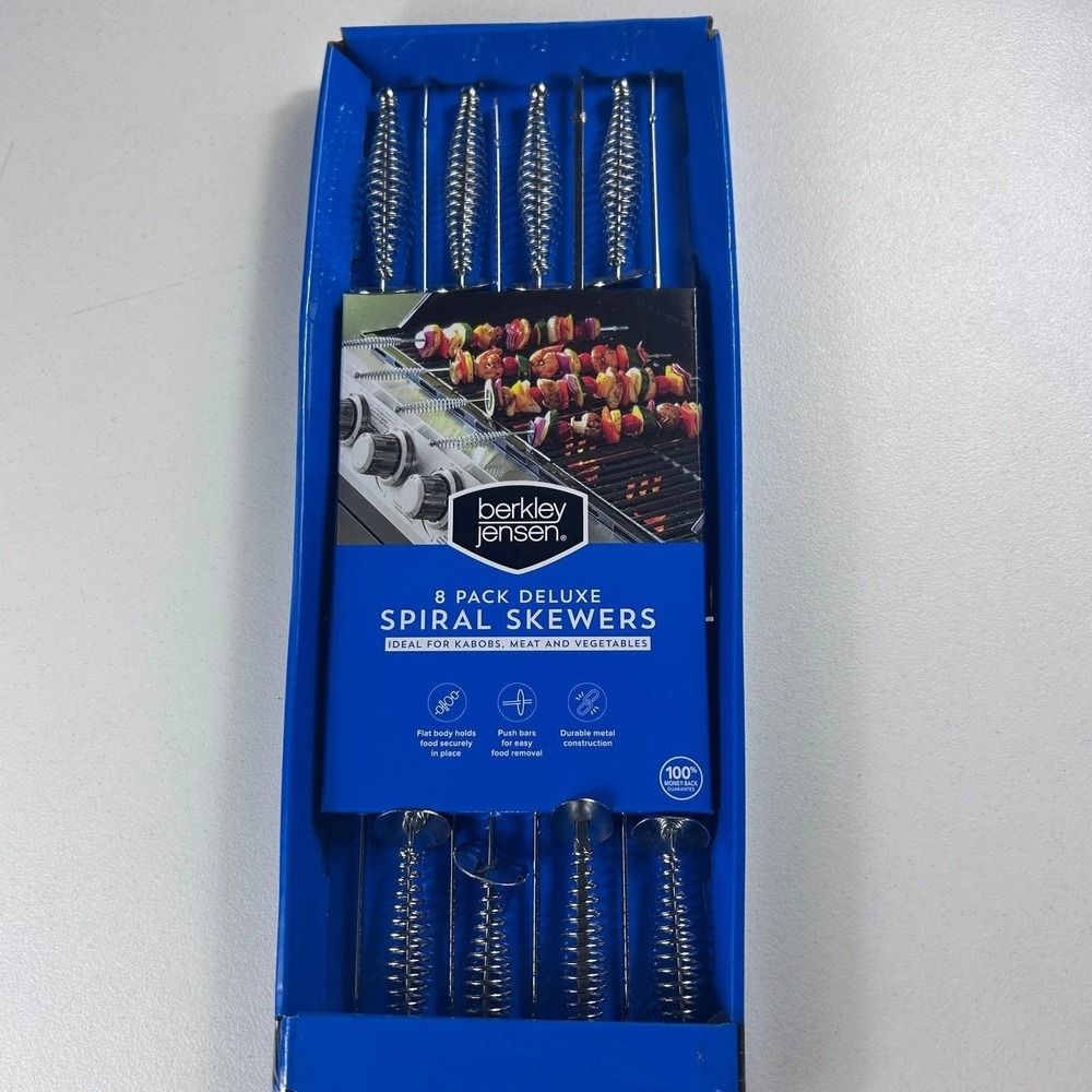 Berkley Jensen 8 Pack Deluxe Spiral Skewers Metal BBQ Kabob Push Bars BJ#297767